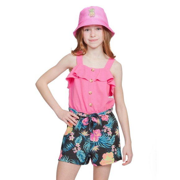 NWT Justice Girls Ruffle Hawaii Pink Orange Black Beach Romper Sz L 12/14 - Picture 1 of 9